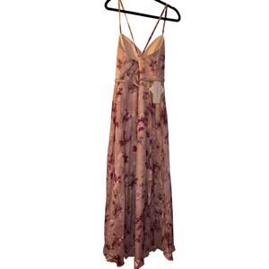 Azazie Blush Pink Floral Midi Dress with Spaghetti Straps